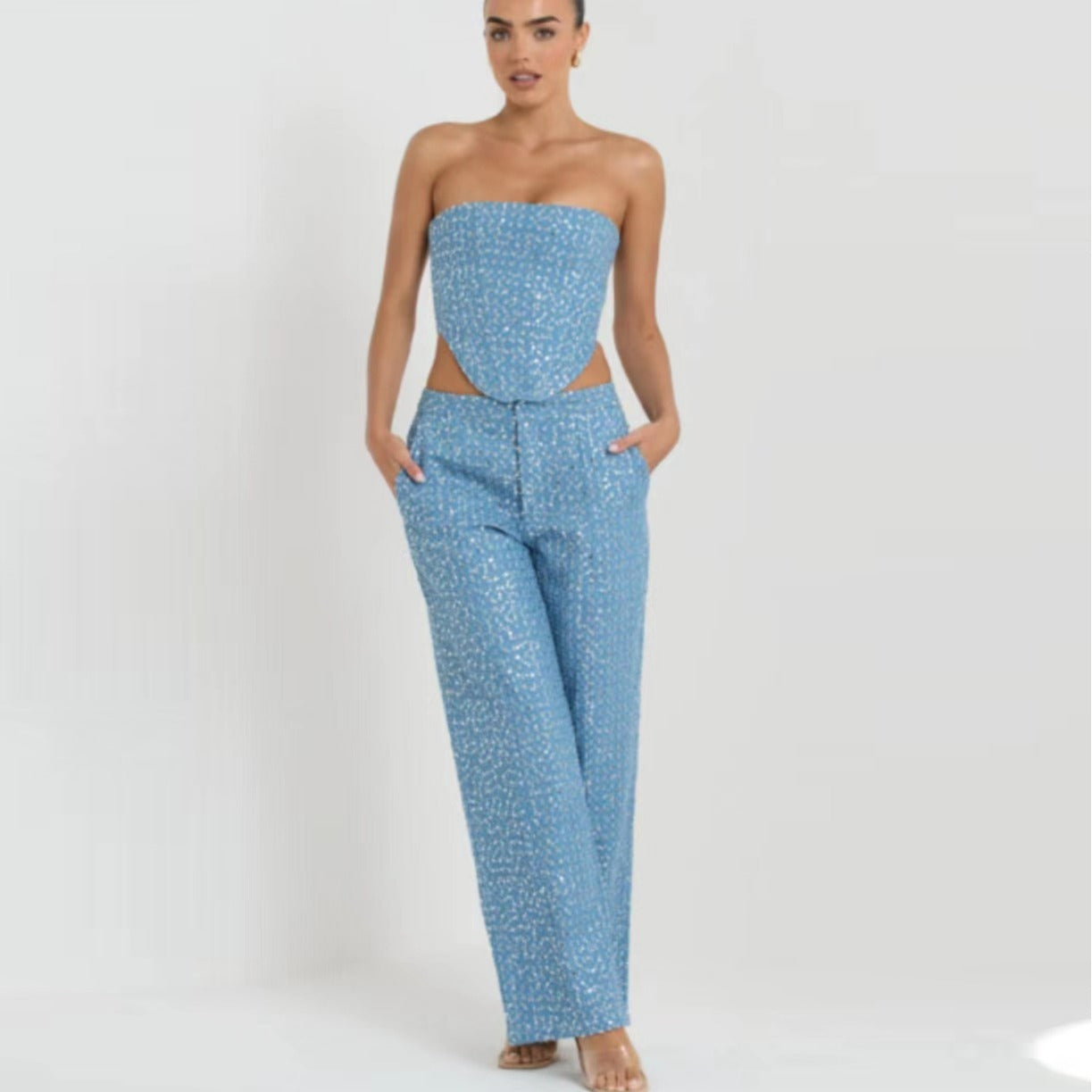 Fashion Denim Sequined Tube Top Wide Leg Pants Suit - Bellarte Enchanté Fashion Denim Sequined Tube Top Wide Leg Pants Suit